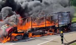 Buktinja: Nakon udesa kamion završio u plamenu VIDEO