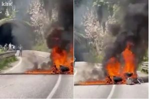 Stravična saobraćajna nesreća:  Motocikl izgorio, vozač teško povrijeđen VIDEO