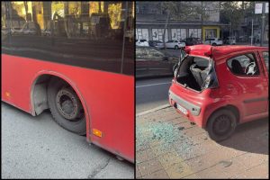 Zakotrljala se i razbila automobil: Guma otpala sa gradskog autobusa FOTO