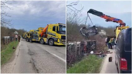 Detalji nesreće: Prevrnuo se kamion koji je prevozio automobile, dizalicama izvlače vozila iz kanala VIDEO