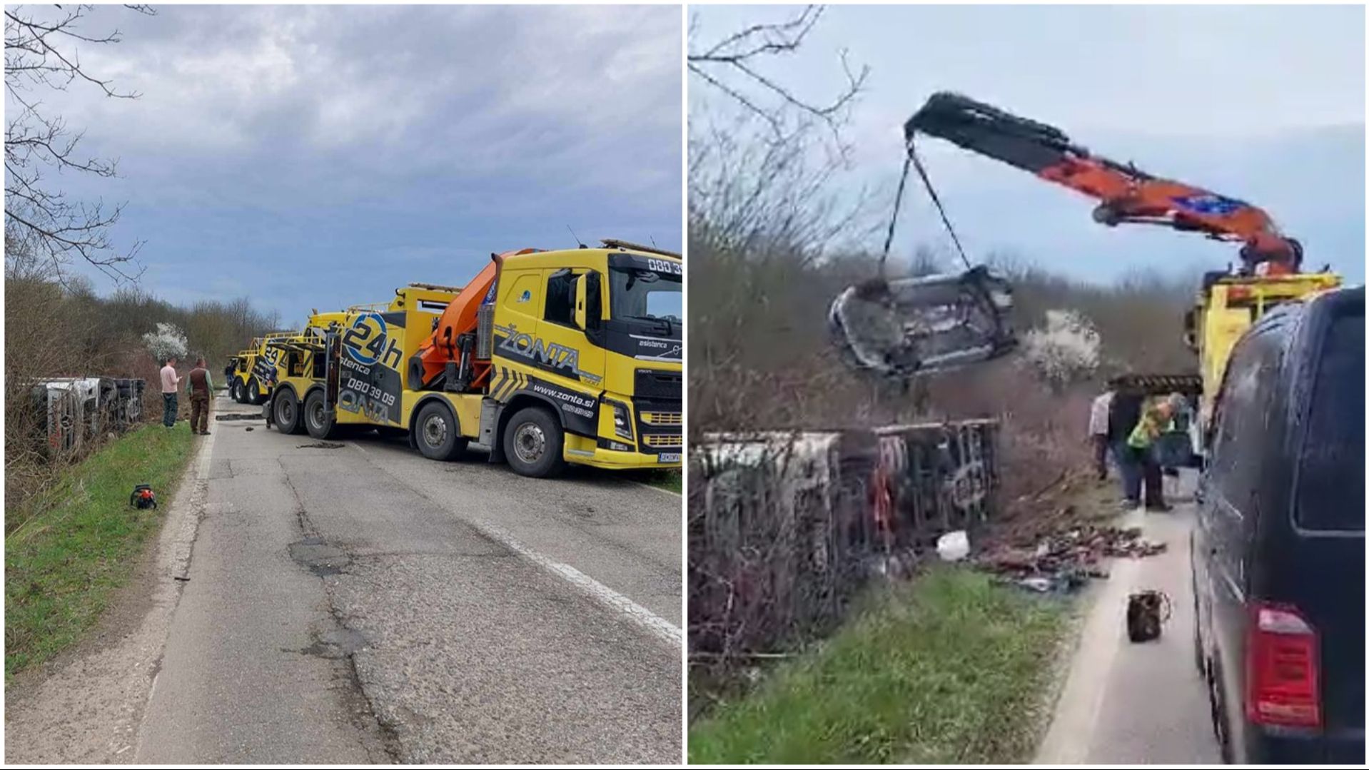 Detalji nesreće: Prevrnuo se kamion koji je prevozio automobile, dizalicama izvlače vozila iz kanala VIDEO