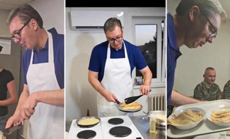 Skinuo kravatu, stavio kecelju! Vučić u kuhinji kasarne spremao palačinke za vojnike VIDEO