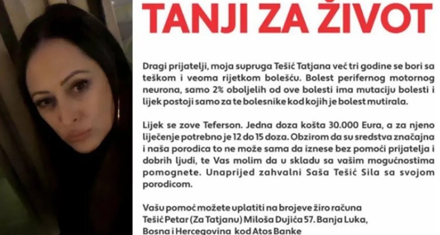 Potrebna pomoć Tatjani Tešić: Bori se sa teškom i veoma rijetkom bolešću