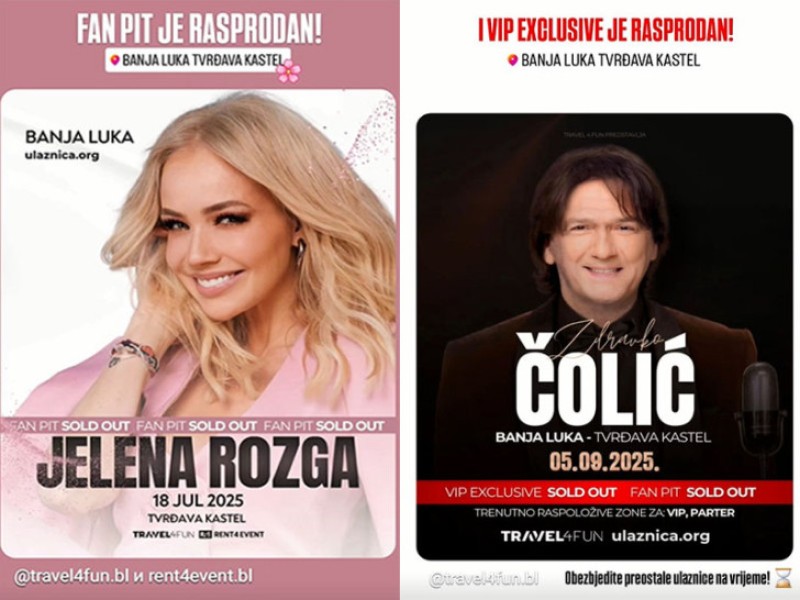 Ogromno interesovanje za koncerte u Banjaluci: Rasprodane ekskluzivne zone za Rozgu i Čolu