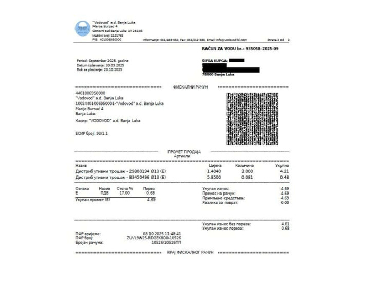 Nisu dupli računi: Banjalučki “Vodovod” uveo fiskalizaciju računa