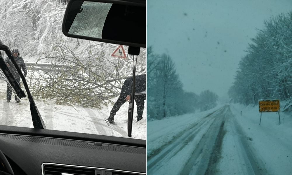 Snijeg već pravi probleme oko Banjaluke: Drvo završilo nasred puta FOTO